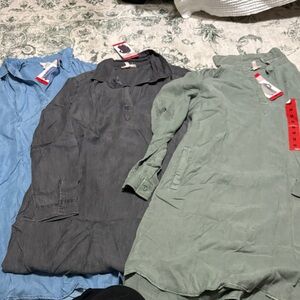 COMO VINTAGE SET OF 3 Three Lightweight Tunic Dresses - Blue, Charcoal, Sage